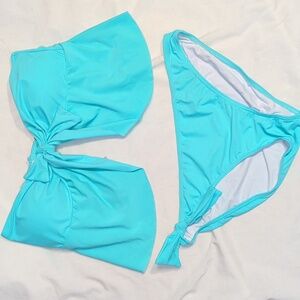 Bikini LG 2 Pc Set Green Knotted Bandeau Drape Front Padded Swimsuit Low Waist